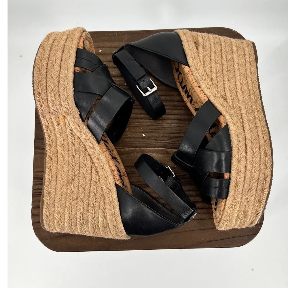 Sam Edelman Marietta Black Leather Espadrille Wedge Sandals Platform 8.5M